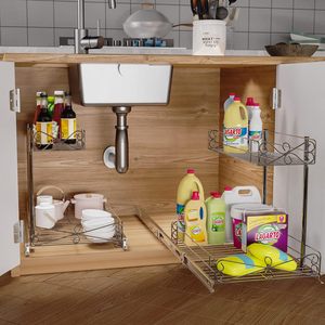 Étagère de rangement coulissante à <span class=keywords><strong>2</strong></span> niveaux en métal moderne et durable pour cuisine, <span class=keywords><strong>sous</strong></span> évier, armoire de garde-manger, organisateur de maison - Product Image 2