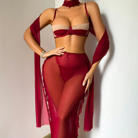 Lencería Sexy de Alta Calidad, Conjunto de Sujetador con Aros, Tanga y Falda Larga de Malla Transparente Roja, Venta al Por Mayor, OEM, Marca Privada, Nueva Moda