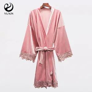 短女天鹅绒长袍蕾丝棉绒长袍多种颜色一尺寸和加号时尚6031