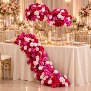 Chemin de table en fleurs artificielles en soie rose HK-FR021 pour mariage, décoration florale pour allée et table - Product Image 1