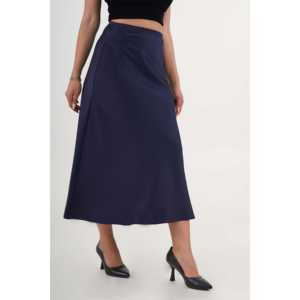 Falda larga de satén azul marino con volantes, 100% seda brillante, corte en A, para mujer - Product Image 3