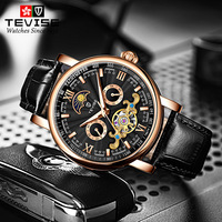 Montre mécanique pour homme TEVISE T867H, boîtier en alliage, bracelet en cuir, affichage des phases lunaires, verre minéral, étanche, montre-bracelet de style business