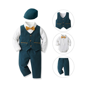 Ensemble de vêtements pour garçons, bleu clair, barboteuse à manches longues, <span class=keywords><strong>gilet</strong></span> bleu marine, pantalon + chapeau pour bébé et tout-petit, tenue printemps automne, 4 pièces - Product Image 2