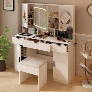Grande coiffeuse avec miroirs éclairés par LED et planches à clous DIY avec crochets, coiffeuse avec station de charge - Product Image 1