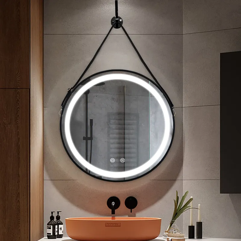 leather strap metal frame large size black gold bathroom led hanging round wall mirrors