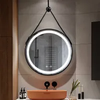 가죽 스트랩 금속 프레임 대형 블랙 골드 욕실 led 매달려 라운드 벽 거울