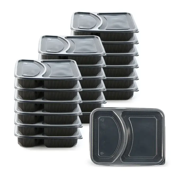 آمن للاستخدام بالميكروويف مكون من حجرتين صندوق لتعبئة الأطعمة السريعة من بينتو سعة 1200 مل حاويات تخزين طعام سوداء محكمة الغلق