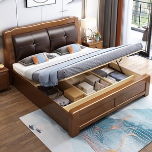 Solid Wood Master Bedroom <b>Bed</b> 1.5M 1.8M Modern Minimalist Storage Upholstered <b>Soft</b> Headboard New Chinese Style - Product Image 3