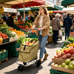 Outdoor Customizable Fabric Shopping <b>Trolley</b>, <b>Foldable</b> Double Basket Lightweight Vegetable Grocery Storage Shopping Cart - Product Image 3