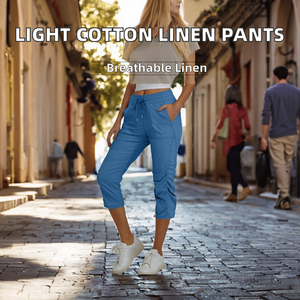 Pantalon décontracté léger en coton et lin pour femme, coupe large, avec cordon de serrage, idéal pour le quotidien - Product Image 2