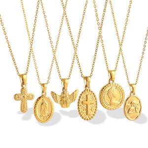 Collier vintage en acier inoxydable avec pièce de monnaie ronde, ange vierge, croix, couleur or 18 carats, bijoux à chaîne, vente en gros de cadeaux pour femmes - Product Image 5
