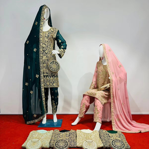 Lujoso Pure Georgette Clutches Monedero a juego Full Jarkan Stones Heavy Work 5 Diseños 10 colores Top Dupatta Pants-Indian - Product Image 1