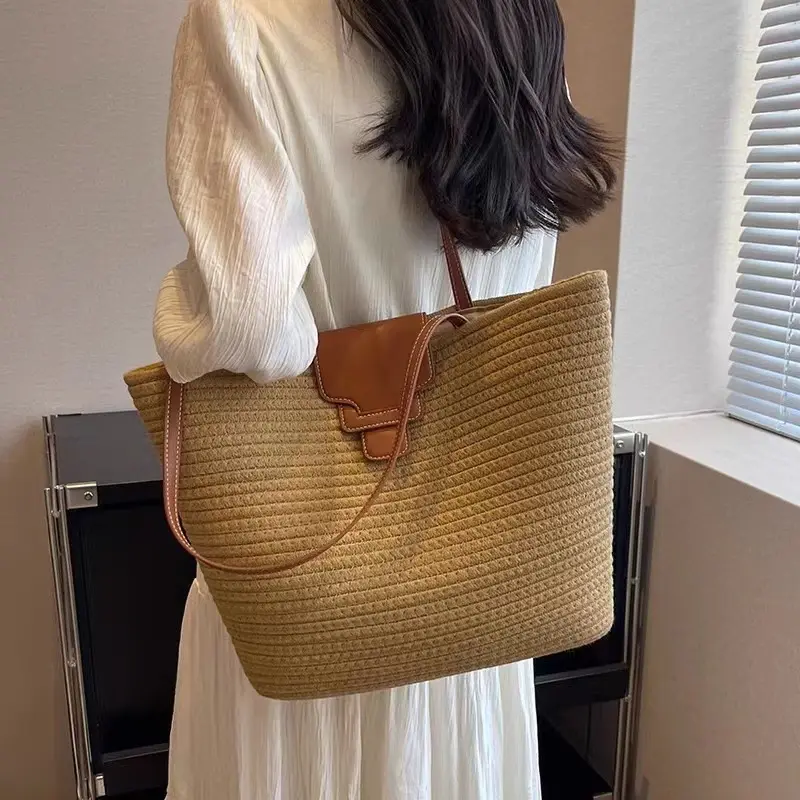 Nouveau femmes paille plage sac fourre-tout conception grande capacité coton ligne tissé paille voyage sac à main sac à bandoulière