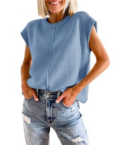 Summer New Girl's Hollowed Out Knitted Vest Striped Round Neck Sleeveless Ladies Solid Color Sweater Top - Product Image 3