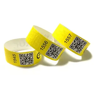 Bracelet personnalisé jaune, pas de stockage imprimé, code Qr, pour événement et fête, prix d'usine, Tyvek
