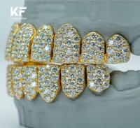 Grillz dentaire personnalisé en or massif, avec moissanite VVS et diamant de laboratoire, coupe droite, pour 6, 8, 10 ou 12 dents, en argent S925
