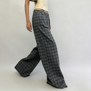 Pantalon large à carreaux colorblock pour femme, taille basse, coupe ample, style décontracté, bureau et streetwear - Product Image 3