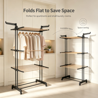 Porte-vêtements et porte-serviettes métallique à trois niveaux, pliable, sur pied, design moderne, pour usage intérieur/extérieur, avec roulettes réglables