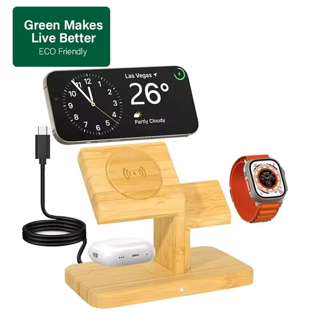 3-in-1 Wireless Charger Stand for Desk Home Office Bamboo Charging Station for Electronic Devices
