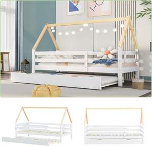 <span class=keywords><strong>Cama</strong></span> individual y <span class=keywords><strong>nido</strong></span> para niños 180X200 cm Expandible con base de listones de ruedas Diseño de casa del árbol con protección contra caídas - Product Image 5