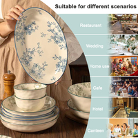 Service de vaisselle en porcelaine de luxe avec logo personnalisé, assiette en céramique bleue, plante florale, service de restaurant, chargeur à bas prix