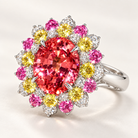 Ovaler Labor-Gezüchteter Padparadscha-Saphir Mehrfarbiger Blumen-Halo Luxus-Jubiläums-Statement-Ring 18K Gold Edelstein Feiner Schmuck