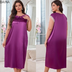 <span class=keywords><strong>Camicia</strong></span> <span class=keywords><strong>da</strong></span> <span class=keywords><strong>notte</strong></span> estiva a <span class=keywords><strong>maniche</strong></span> <span class=keywords><strong>corte</strong></span> <span class=keywords><strong>da</strong></span> donna grande pigiama in raso di seta di ghiaccio con fiocco lungo abito in pizzo a un pezzo - Product Image 2