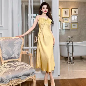 9363 Fashion Yellow Bodycon Evening Party Club Wear Sexy Maxi Dress Adjustable Spaghetti Strap Satin Dresses for Women