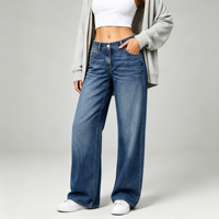 Jean Boyfriend à jambe large pour femme, taille basse, coupe ample, en denim extensible, pour un look de soirée décontracté