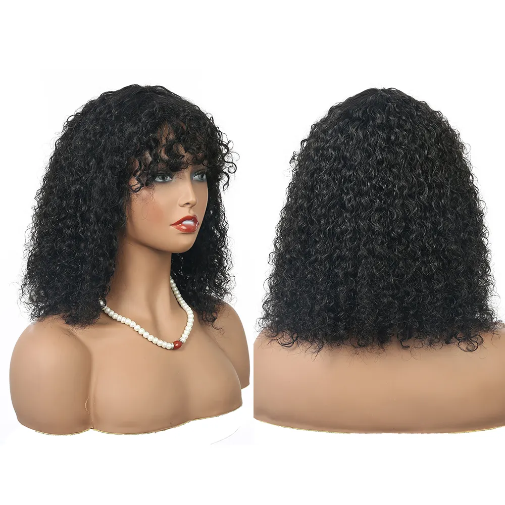 Cheap Kinky Curly Short Bob With Bangs Full Machine WIgs Fringe Virgin Hair Curly Wigs Wholesale Factory Price