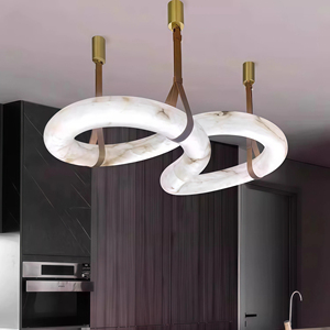 JYLIGHTING Lustre de luxe pour hall d'entrée en albâtre espagnol, sur mesure, avec boucles circulaires entrelacées en infini et bande de cuir beige - Product Image 4