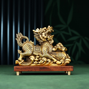 Ornement Qilin en laiton Copper World, grande paire avec base en bois, pour la décoration de la maison, du bureau, cadeau du Nouvel An chinois - Product Image 1