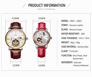 Reloj <span class=keywords><strong>de</strong></span> Lujo Automático Mecánico para Pareja, Esfera Luminosa con Diseño <span class=keywords><strong>de</strong></span> Esqueleto, Correa <span class=keywords><strong>de</strong></span> Cuero Genuino, Resistente al Agua, Set <span class=keywords><strong>de</strong></span> Regalo para Él y Ella - Product Image 2