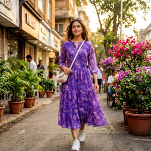 Purple Floral Print Chiffon Midi Dress V-Neck <b>Three</b> Quarter Sleeve A-Line Loose Casual Summer Wear Breathable Layered Hem - Product Image 1