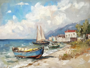 Pittura a olio decorativa con cornice in oro di lusso stile europeo dipinto artistico appeso a tema barca a vela paesaggio marino - Product Image 5