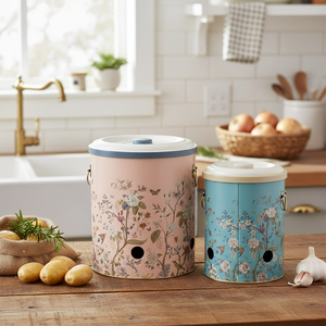 Ensemble de bacs de rangement pour pommes de terre et oignons en métal Kontensan avec motif floral bleu pastel Botanica 2 pièces 225x240mm - Product Image 3