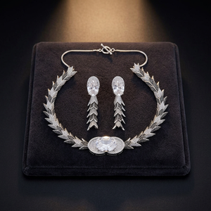 Luxury <b>Silver</b> Plated Brass Cubic Zirconia Necklace Set Oval CZ Stone Wheat Leaf Link <b>Choker</b> Drop Earrings Bridal Jewelry - Product Image 4