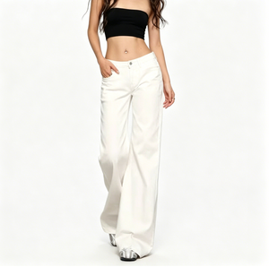 Jean blanc taille haute à jambe large, coupe ample, en denim tissé, délavage sable, pour un style décontracté et urbain - Product Image 6