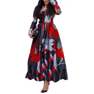 Street Wear Custom Temperament Lady Fall Printed Floral Maxi Women Hem Printed Casual Long Floral Dress