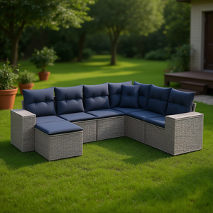 Juego de sofás de jardín de ratán sintético gris de 7 piezas con cojines, muebles de exterior, diseño contemporáneo - Product Image 2