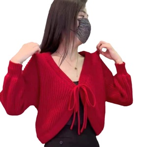 Cárdigan de punto para mujer, talla única, color liso, suelto, con lazo frontal, estilo irregular, estilo fresco y dulce - Product Image 5