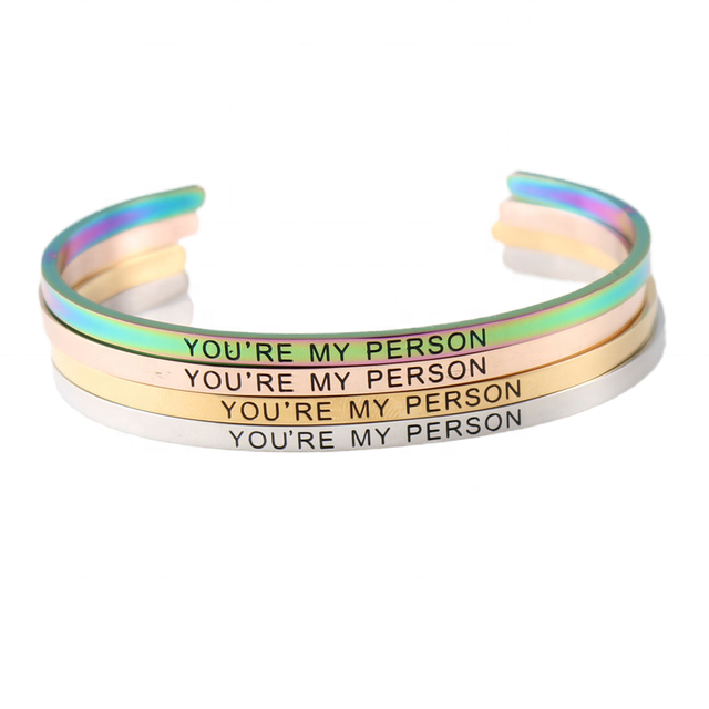Wholesale Custom 18K Gold Plated Stainless Steel Geometric Trendy YOU'RE MY PERSON Long Distance Cuff Bracelet for Couples