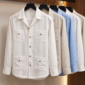 <span class=keywords><strong>Camicia</strong></span> Guayabera da <span class=keywords><strong>Uomo</strong></span> in Cotone e <span class=keywords><strong>Lino</strong></span> Premium, Manica Lunga con 4 Tasche, Bottoni in Legno, Vestibilità <span class=keywords><strong>Slim</strong></span>, Texture Slub, Camicie Casual da Matrimonio - Product Image 3
