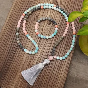 108 Natural Amazonite Rose Quartz Stone Beads Handmade Charm Personalized Stylish Labradorite Beaded Tassel Necklace