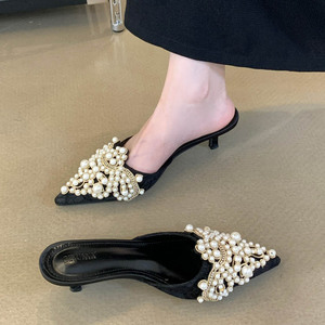 Chaussures sexy pour femmes, mode printemps/automne, élégantes, avec perles, patchwork de cristaux, à enfiler, talons fins, pantoufles, nouvelle collection 2023, 35-39 - Product Image 3
