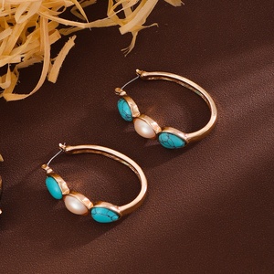 Pendientes de Aro Ovalados de Turquesa Vintage para <span class=keywords><strong>Mujer</strong></span>, Estilo Bohemio Occidental, Chapados en Oro con Piedras Preciosas, Joyería de Moda - Product Image 2
