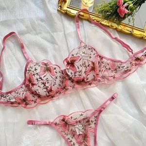 Cozy Pink Sheer bordir 2 buah Model Ins desain Niche Bra kupu-kupu seksi Mesh bordir Lingerie erotis Set