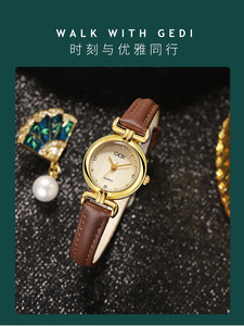 Reloj redondo dorado para mujer, correa de cuero marrón, marcadores de cristal, elegante reloj de pulsera de cuarzo - Product Image 3