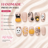 10 pièces Faux ongles à presser faits main pour Halloween, motif araignée et citrouille, courts, ronds, 3D, fantôme et citrouille, vente en gros
