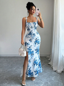 Robe personnalisable élégante à bretelles, style porcelaine bleue et blanche, col halter, robe de soirée club, mini-robe polyvalente - Product Image 4